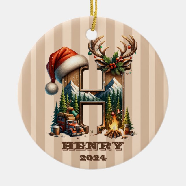 Letter H Rustic Holiday Monogram with Camper Scene Ceramic Ornament (Front)