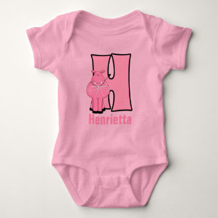Letter H Striped Pink Striped Hippo Baby Bodysuit