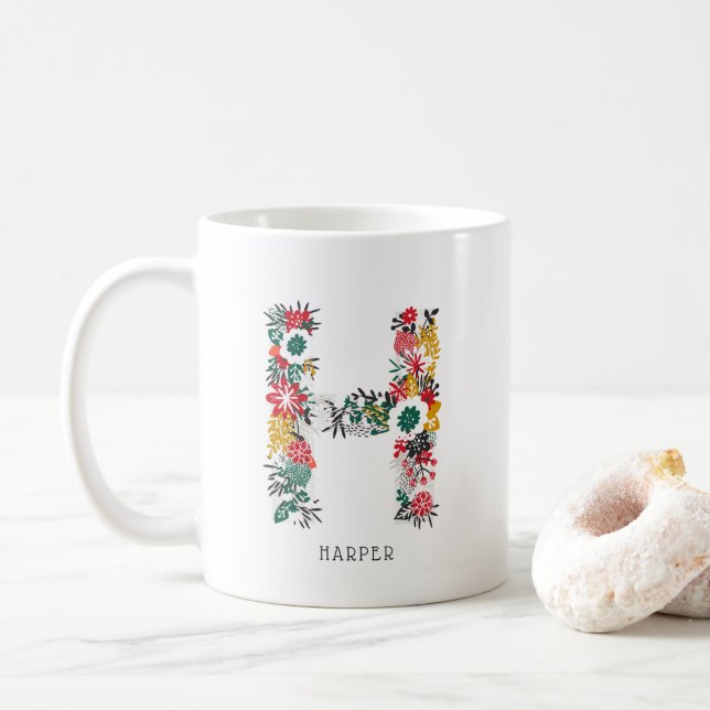 Letter H | Whimsical Floral Letter Monogram I Mug (With Donut)