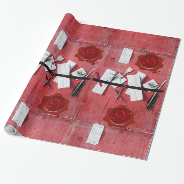 LETTER HOLDER IN WOOD ,RED WAX SEAL MONOGRAM WRAPPING PAPER (Unrolled)