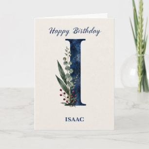 Letter I Birthday for Him Personalised Name Blue Card
