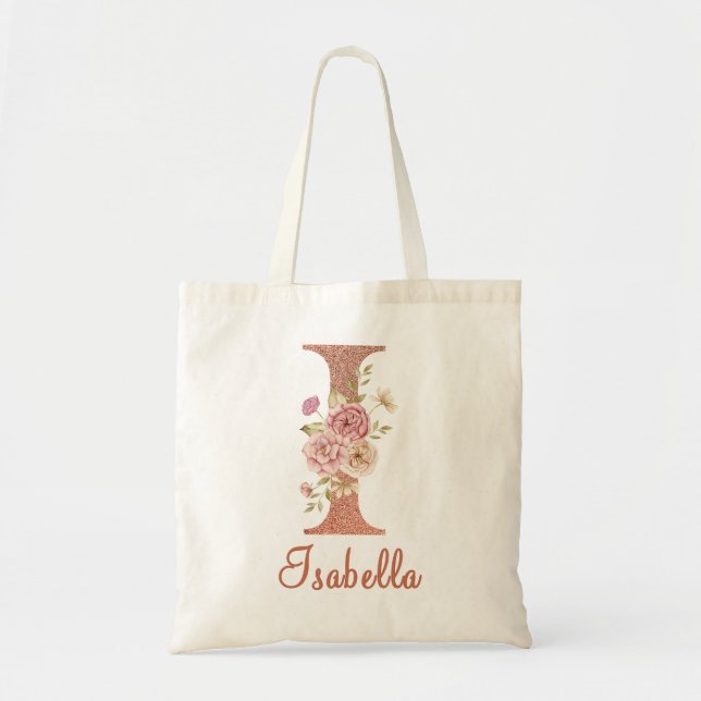 Letter I Blush pink Glitter Floral Monogram  Tote Bag (Front)