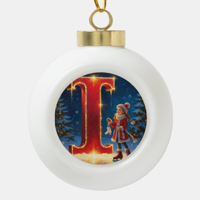 Letter I Christmas Skating Personalized Initial Ceramic Ball Christmas Ornament (Front)