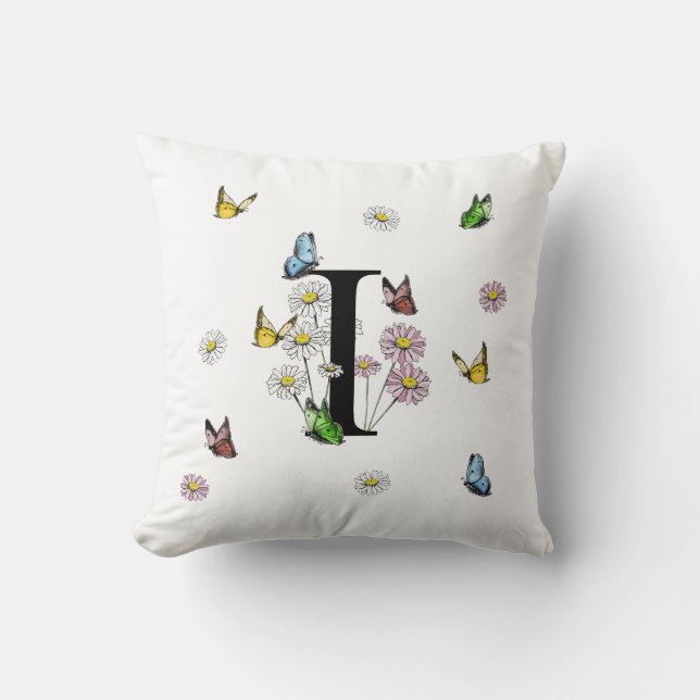 Letter I Floral Butterfly Monogram Initial Cushion (Front)
