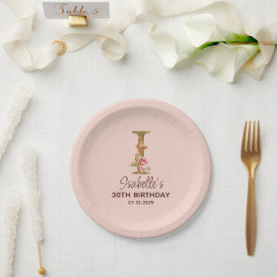 Letter I Gold Monogram Blush Pink Roses Paper Plate