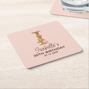 Letter I Gold Monogram Blush Pink Roses Square Paper Coaster