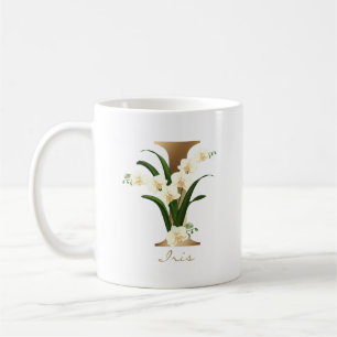 Letter I Gold Monogram   White Floral Orchids Coffee Mug