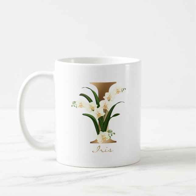 Letter I Gold Monogram | White Floral Orchids Coffee Mug (Left)
