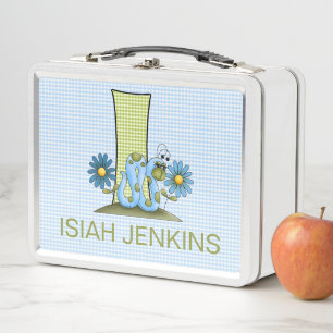 Letter I Inchworm and Gingham Monogrammed Boys Metal Lunch Box