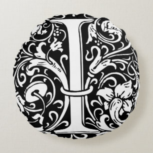 Letter I Mediaeval Monogram Art Nouveau Round Cushion