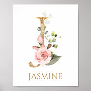 Letter I Monogram pink rose Nursery Poster