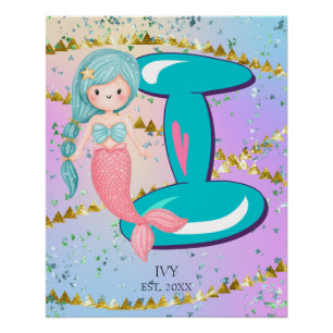 Letter I Monogram Watercolor Cute Mermaid Nursery Poster