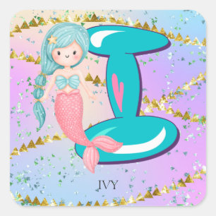 Letter I Monogram Watercolor Cute Mermaid Nursery Square Sticker