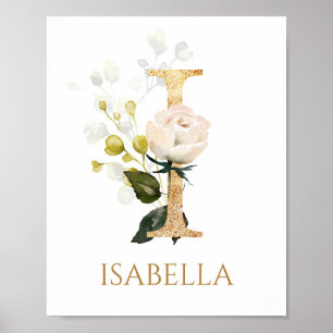 Letter I Monogram white cream rose Nursery Poster
