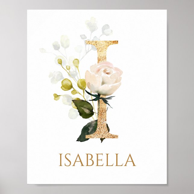 Letter I Monogram white cream rose Nursery Poster (Front)