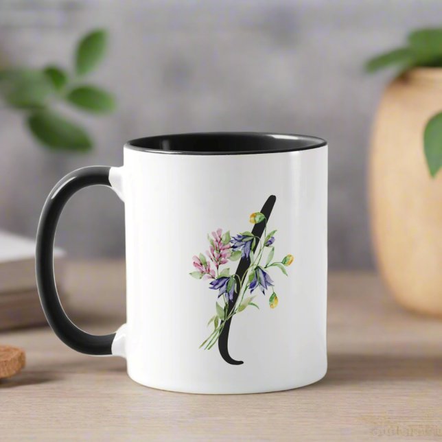 Letter " I " Monogrammed Black Script Floral  Mug (Creator Uploaded)