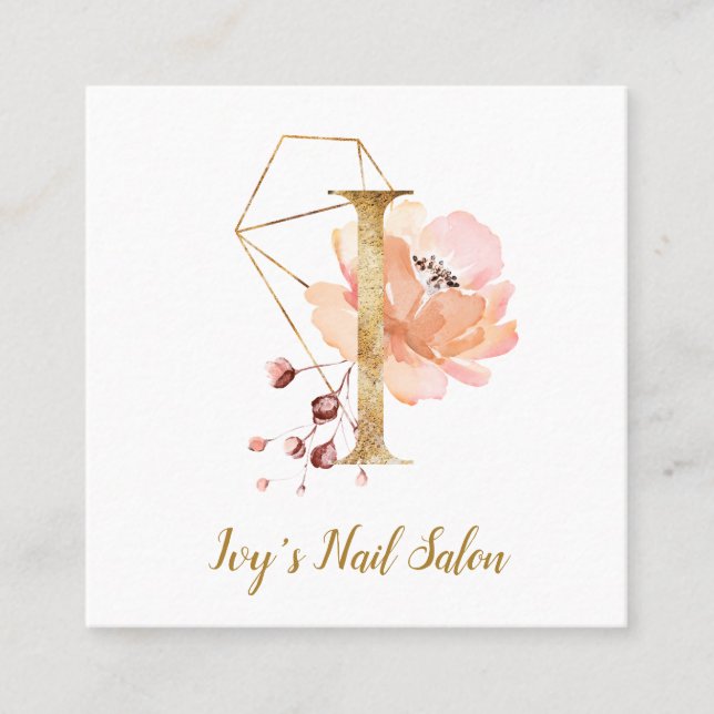 Letter I with Gold Geometric Design and Flowers Square Business Card (Front)