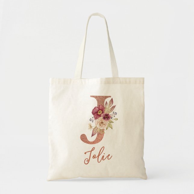 Letter J Blush pink Glitter Floral Monogram  Tote Bag (Front)