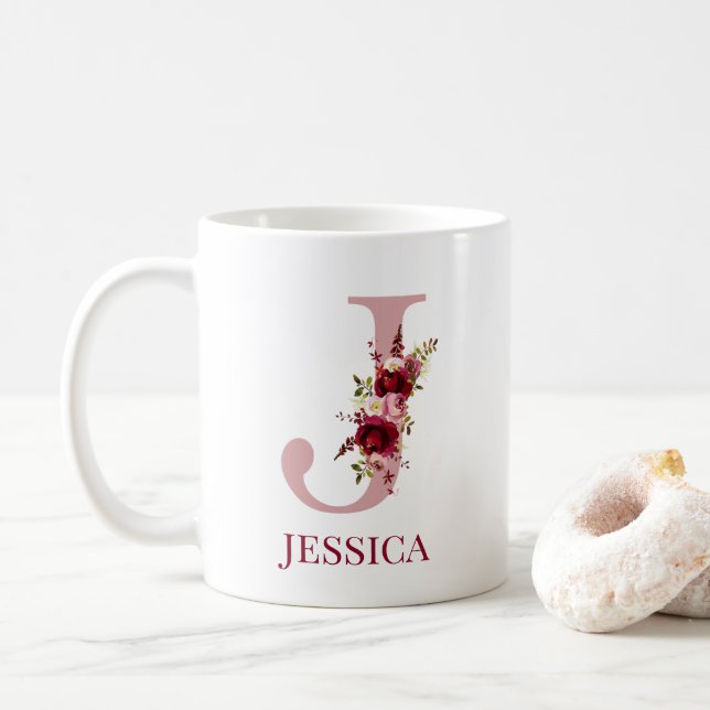 Letter J Burgundy Blush Floral Coffee Mug (With Donut)