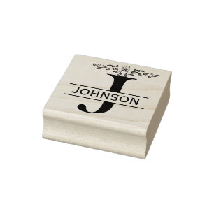 Letter J butterfly Leaves Split Monogram Rubber Stamp