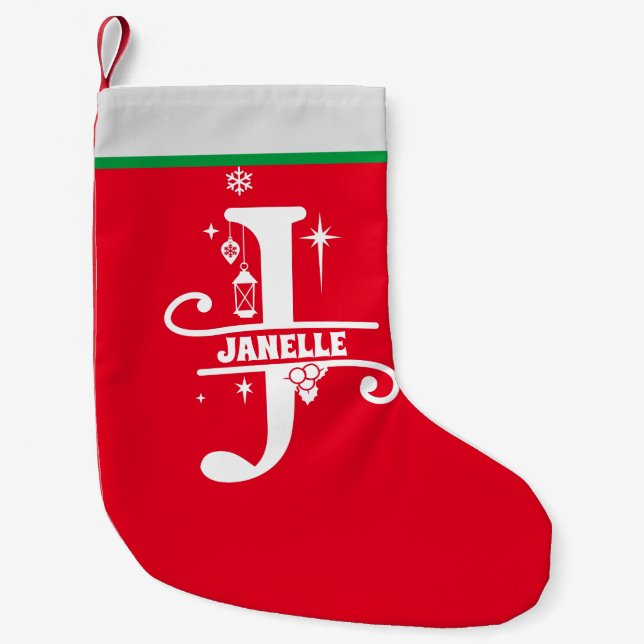 Letter J Christmas Monogram Initial Name Red White Small Christmas Stocking (Front)