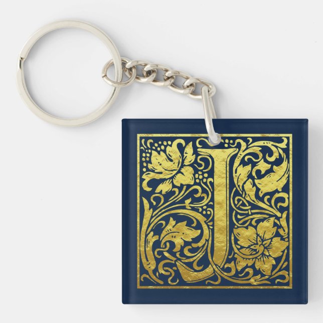 Letter J First Letter Faux Gold and Midnight Blue Key Ring (Front)
