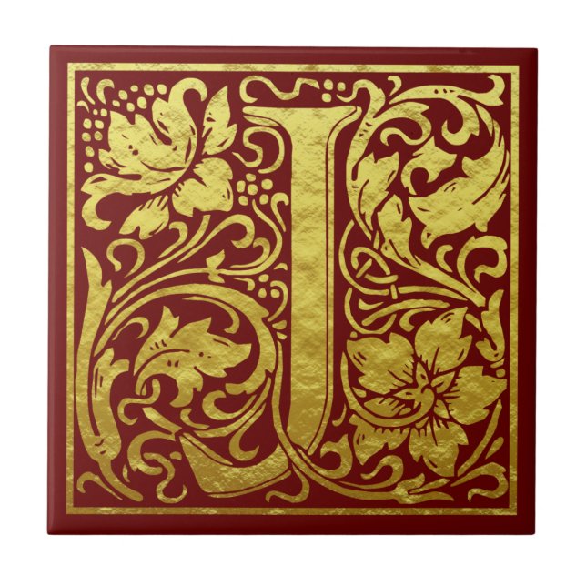 Letter J First Letter Faux Gold Red Ceramic Tile (Front)