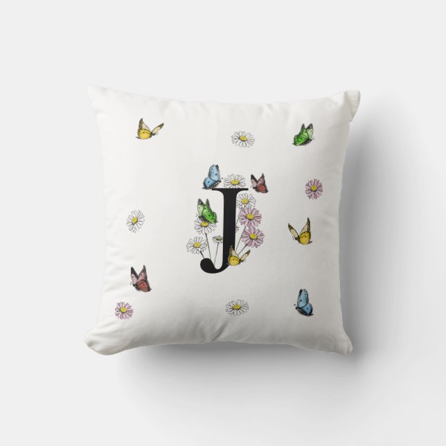 Letter J Floral Butterfly Monogram Initial   Cushion (Front)