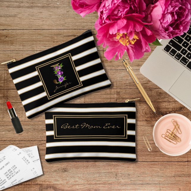 Letter J Floral Monogram Black White Gold Stripes Accessory Pouch (Creator Uploaded)