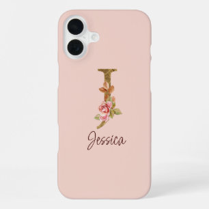 Letter J Gold Monogram Blush Pink Roses iPhone 16 Plus Case