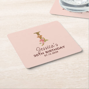 Letter J Gold Monogram Blush Pink Roses Square Paper Coaster
