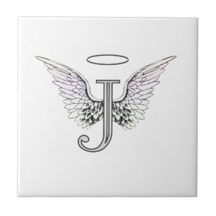 Letter J Initial Monogram with Angel Wings & Halo Ceramic Tile