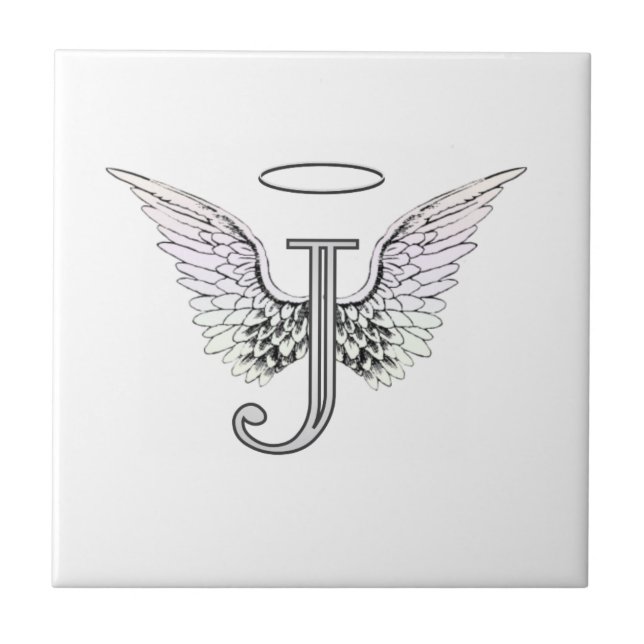 Letter J Initial Monogram with Angel Wings & Halo Ceramic Tile (Front)