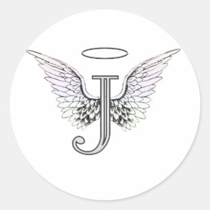 Letter J Initial Monogram with Angel Wings & Halo Classic Round Sticker