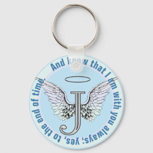 Letter J Initial Monogram with Angel Wings & Halo Key Ring