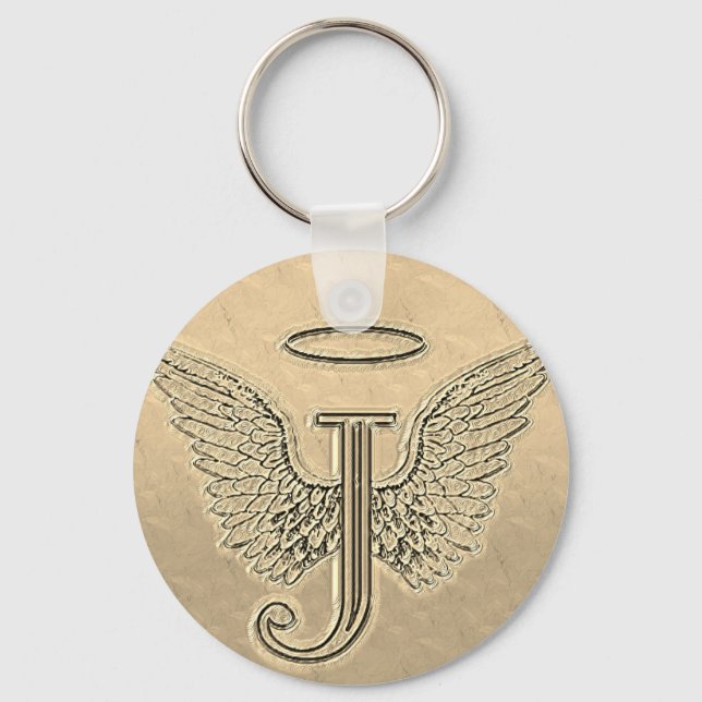 Letter J Initial Monogram with Angel Wings & Halo Key Ring (Front)