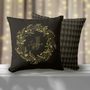 Letter J Jewel Gold Leaf Monogram Cushion