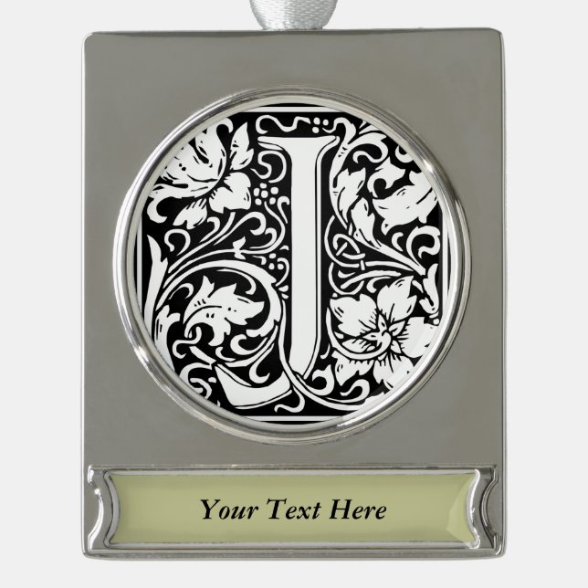 Letter J Mediaeval Monogram Art Nouveau Silver Plated Banner Ornament (Front)