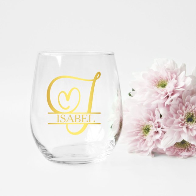 Letter J Monogram Bridesmaid Gift, Modern Elegant Stemless Wine Glass (stemless wine glass for a bridesmaid gift that has a gold split I monogram and customized with name)