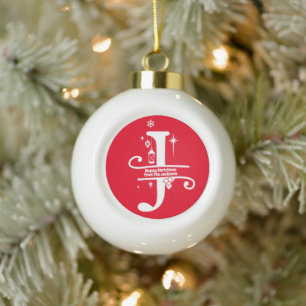 Letter J Monogram Initial Family Name Greeting Ceramic Ball Christmas Ornament