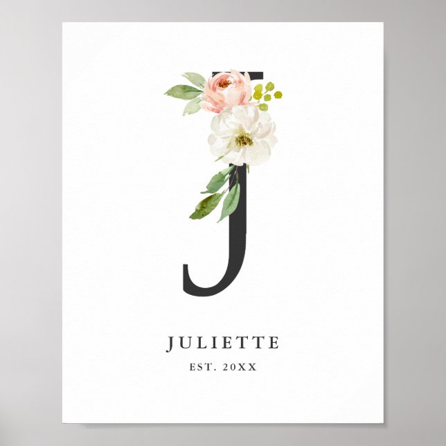 Letter J Monogram Watercolor Peach Florals Nursery Poster (Front)