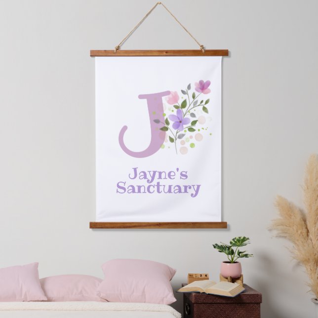 Letter J plus First Name with a Floral Design Hanging Tapestry (Bedroom)