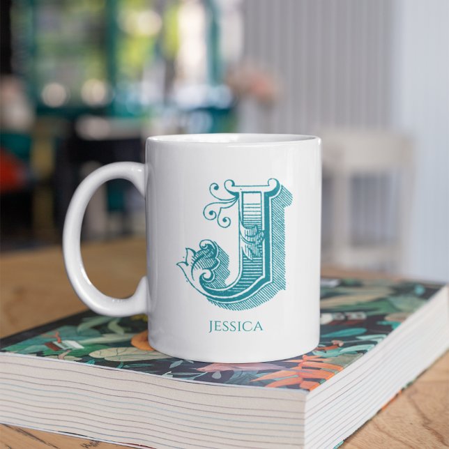 Letter J Teal Monogram Modern Name Coffee Mug (Creator Uploaded)