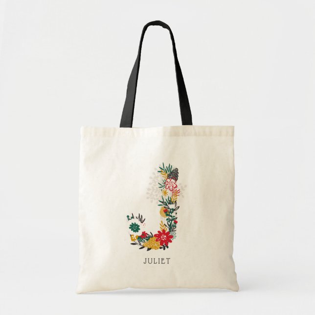 Letter J | Whimsical Floral Letter Monogram I Tote Bag (Front)