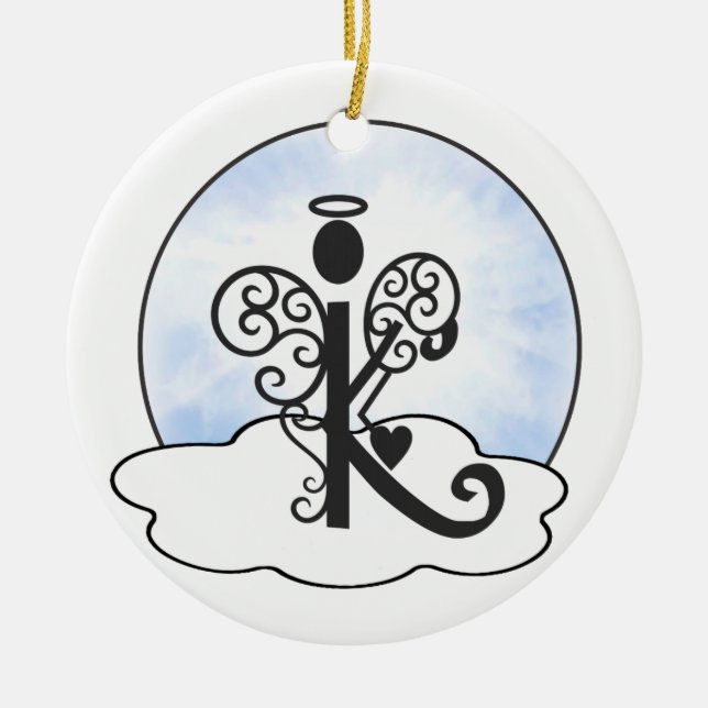 Letter K Alphabet Initial Monogram w Angel Clouds Ceramic Ornament (Front)