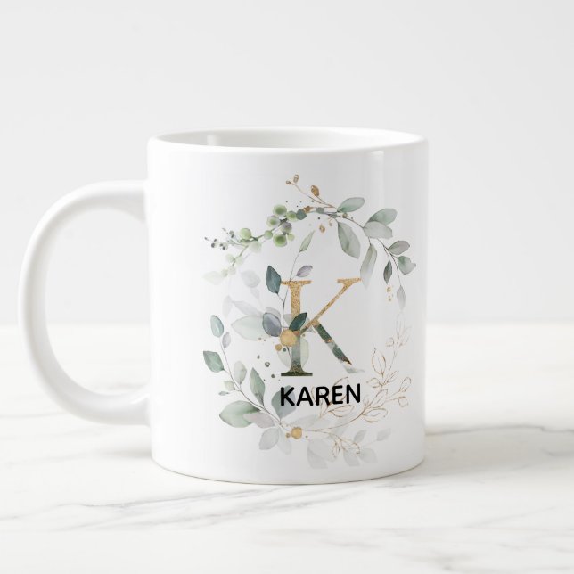 Letter 'K' Alphabet Initial w Name Greenery Wreath Large Coffee Mug (Left)