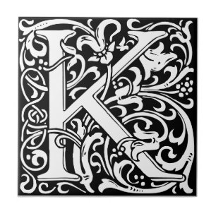 Letter K art nouveau black and white Tile