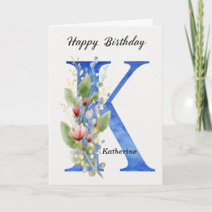Letter K Birthday Custom Name Her Blue Monogram Card
