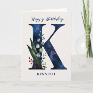 Letter K Birthday for Him Personalised Name Blue Card
