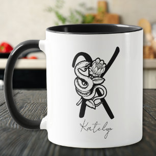 Letter K Black Monogram–Snake & Bloom Minimalist Mug